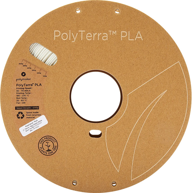 PolyTerra PLA Cotton White 1kg ritė su technine informacija