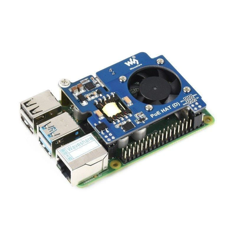 Power over Ethernet HAT (D), PoE ir 802.3af tinklo maitinimo priedėlis, Raspberry Pi 3B+/4B, Waveshare 19532
