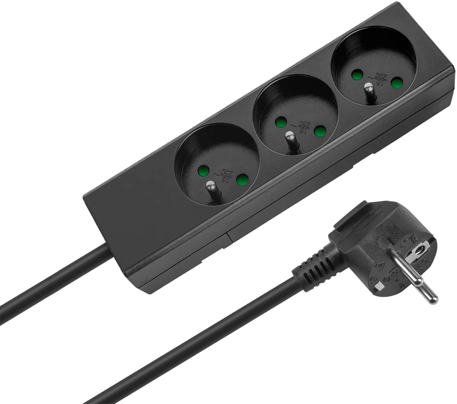 Przedłużacz Prailgintuvas, 3 lizdai, 2 m, prancūziško tipo, be jungiklio (3x1,5 mm), Rebel juodas