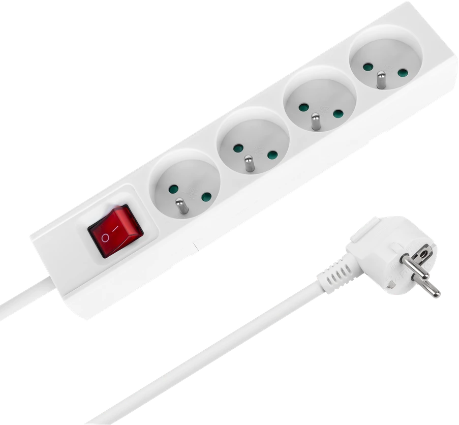Przedłużacz Prailgintuvas, 4 lizdai, 2 m, prancūziško tipo, su jungikliu (3x1,5 mm), Rebel baltas