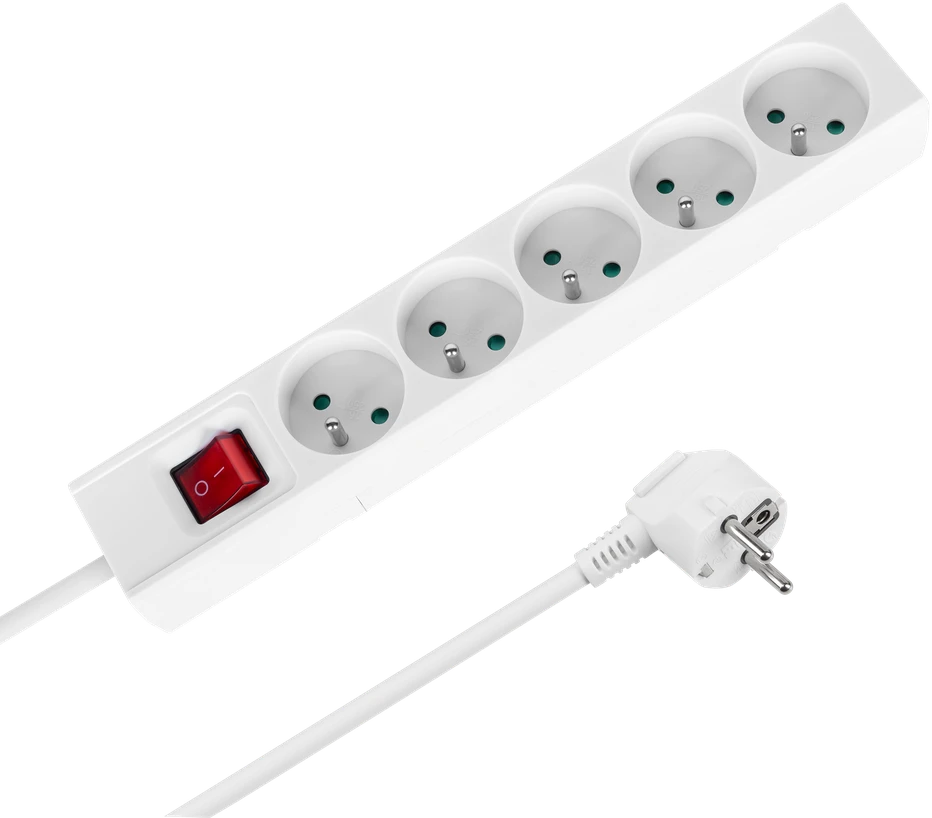 Przedłużacz Prailgintuvas, 5 lizdai, 1,5 m, prancūziško tipo, su jungikliu (3x1,0 mm), Rebel baltas