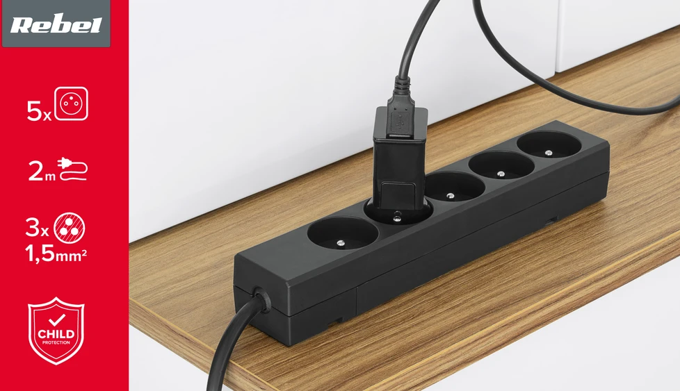 Przedłużacz Prailgintuvas 5 lizdų 2m prancūziško tipo be jungiklio (3x1,5 mm) Rebel juodas