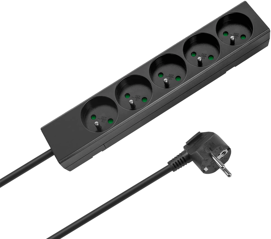 Przedłużacz Prailgintuvas 5 lizdų 2m prancūziško tipo be jungiklio (3x1,5 mm) Rebel juodas