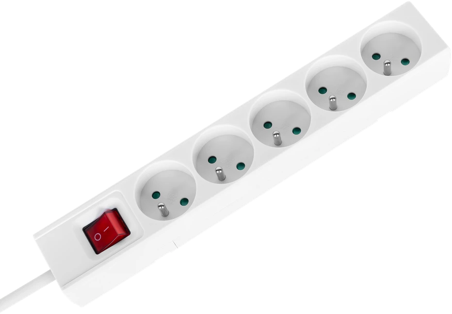 Przedłużacz Prailgintuvas, 5 lizdų, 3 m, prancūziško tipo, su jungikliu (3x1,5 mm), Rebel baltas