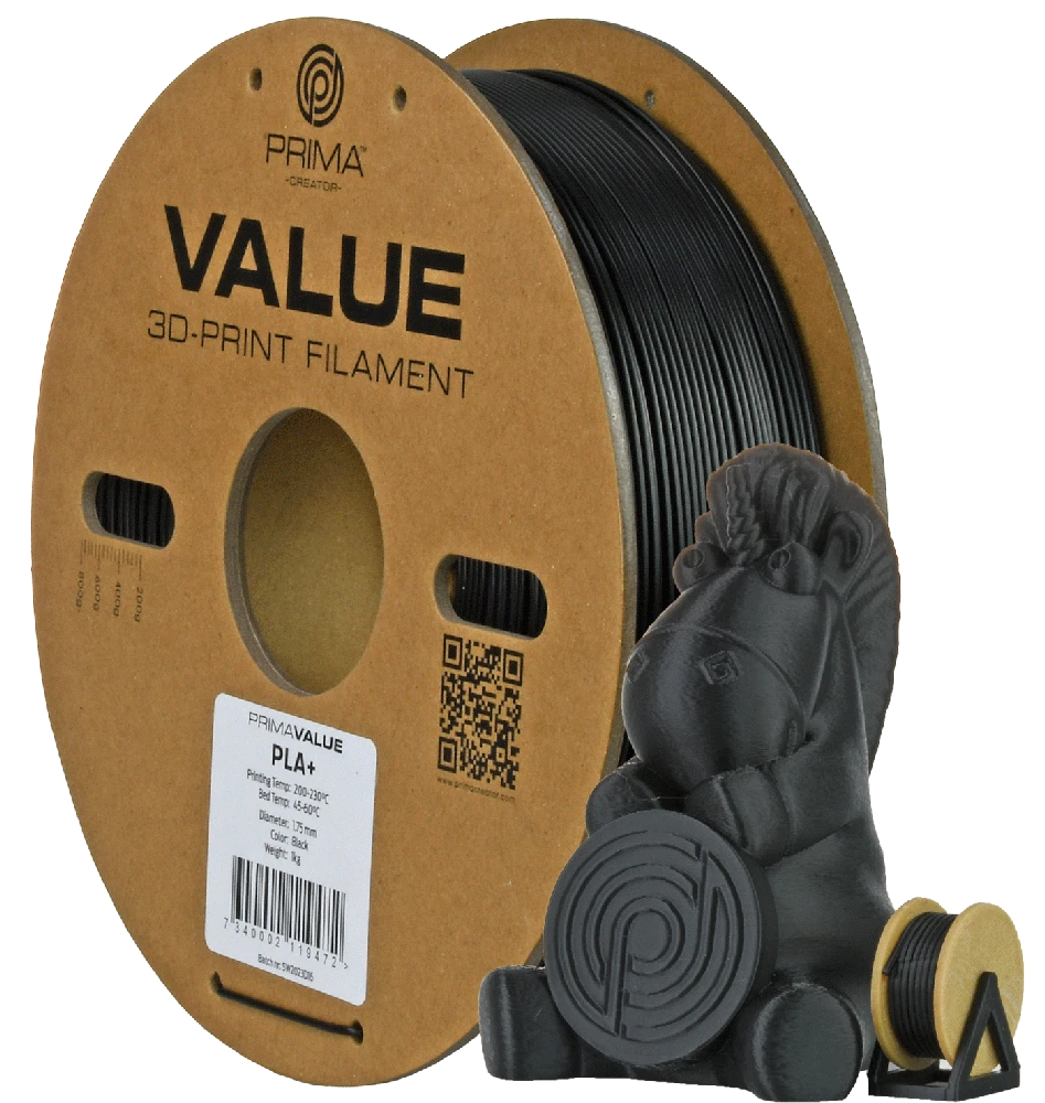 Juodas PLA+ 1.75mm siūlas 1kg rite su 3D atspausdinta figūrėle