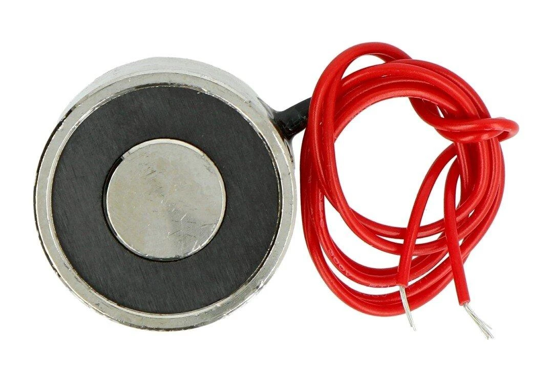 Pritraukiantis 12V elektromagnetas su raudonais laidais
