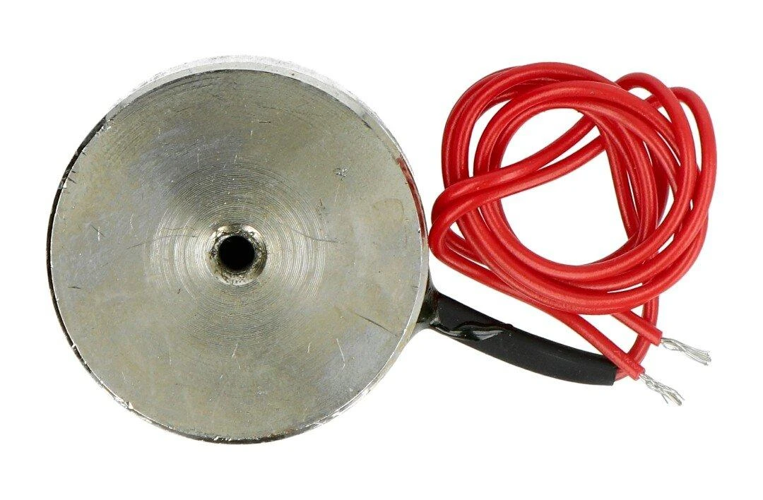 Apvalus 12V elektromagnetas su raudonu laidu