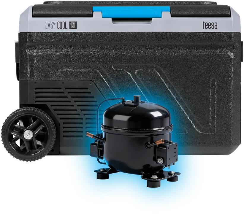 Profesionalus TEESA kompresorinis kelioninis šaldytuvas su šaldymo funkcija, 40 l DC12/24 AC 230 V, maitinimas baterijomis, dideli ratukai ir tvirta rankena, Bluetooth, du skyriai