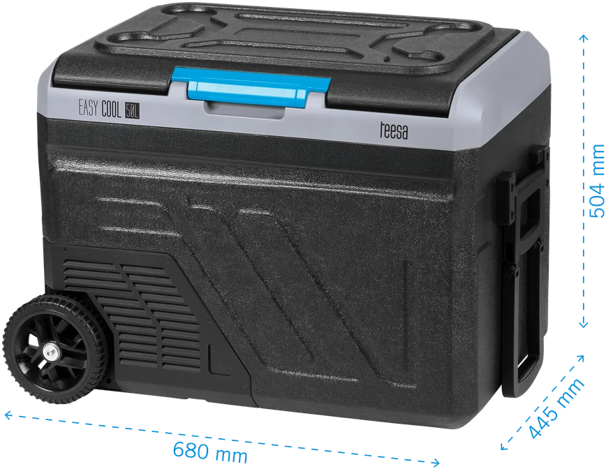 Profesionalus TEESA kompresorinis kelioninis šaldytuvas su šaldymo funkcija, 50 l DC12/24 AC 230V, dideli ratukai ir tvirta rankena, Bluetooth, maitinimas baterijomis