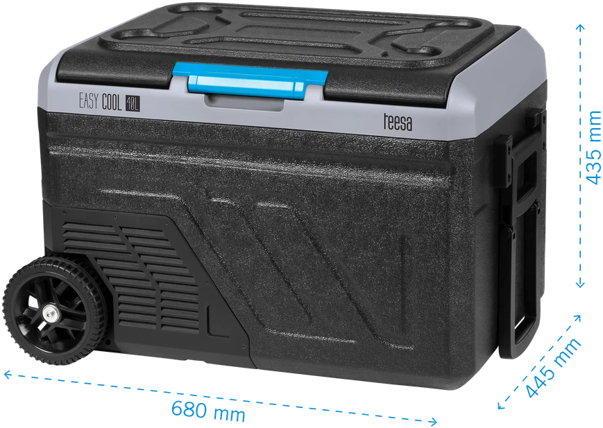 Profesionalus TEESA kompresorinis kelioninis šaldytuvas su šaldymo funkcija, 40 l DC12/24 AC 230 V, maitinimas baterijomis, dideli ratukai ir tvirta rankena, Bluetooth, du skyriai