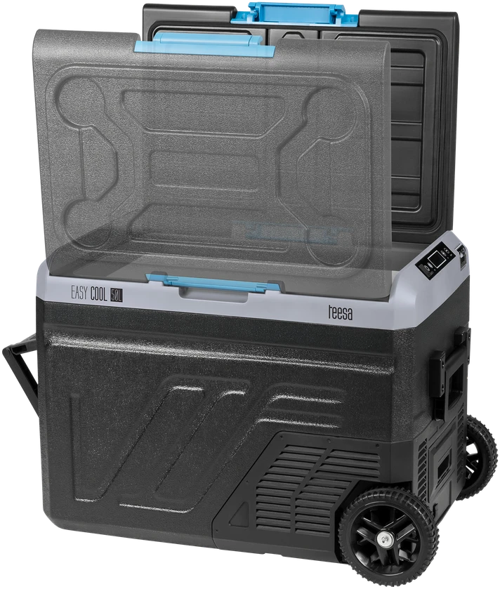 Profesionalus TEESA kompresorinis kelioninis šaldytuvas su šaldymo funkcija, 50 l DC12/24 AC 230V, dideli ratukai ir tvirta rankena, Bluetooth, maitinimas baterijomis