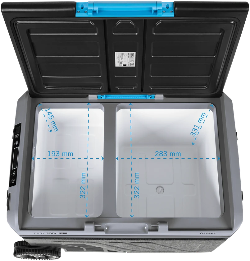 Profesionalus TEESA kompresorinis kelioninis šaldytuvas su šaldymo funkcija, 40 l DC12/24 AC 230 V, maitinimas baterijomis, dideli ratukai ir tvirta rankena, Bluetooth, du skyriai
