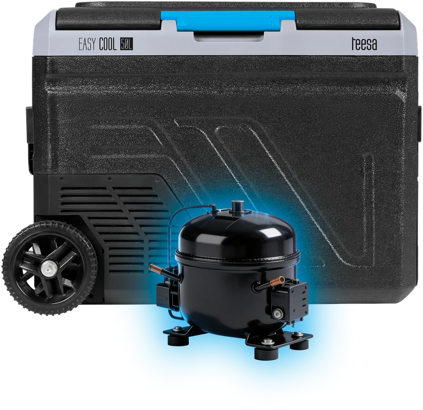 Profesionalus TEESA kompresorinis kelioninis šaldytuvas su šaldymo funkcija, 50 l DC12/24 AC 230V, dideli ratukai ir tvirta rankena, Bluetooth, maitinimas baterijomis