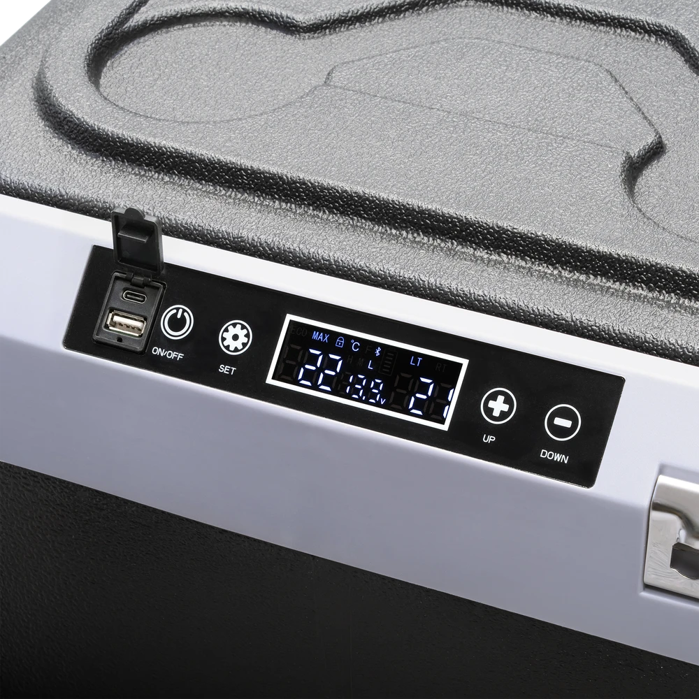 Profesionalus TEESA kompresorinis kelioninis šaldytuvas su šaldymo funkcija, 40 l DC12/24 AC 230 V, maitinimas baterijomis, dideli ratukai ir tvirta rankena, Bluetooth, du skyriai