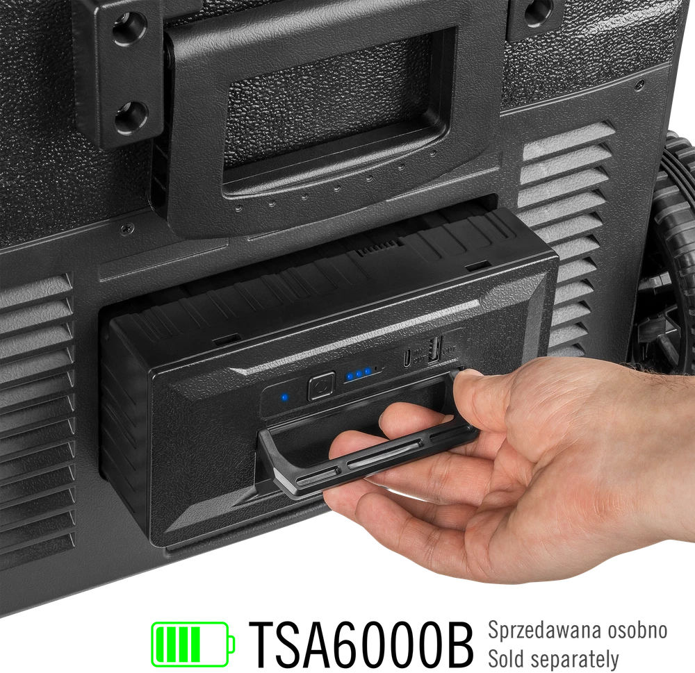Profesionalus TEESA kompresorinis kelioninis šaldytuvas su šaldymo funkcija, 50 l DC12/24 AC 230V, dideli ratukai ir tvirta rankena, Bluetooth, maitinimas baterijomis