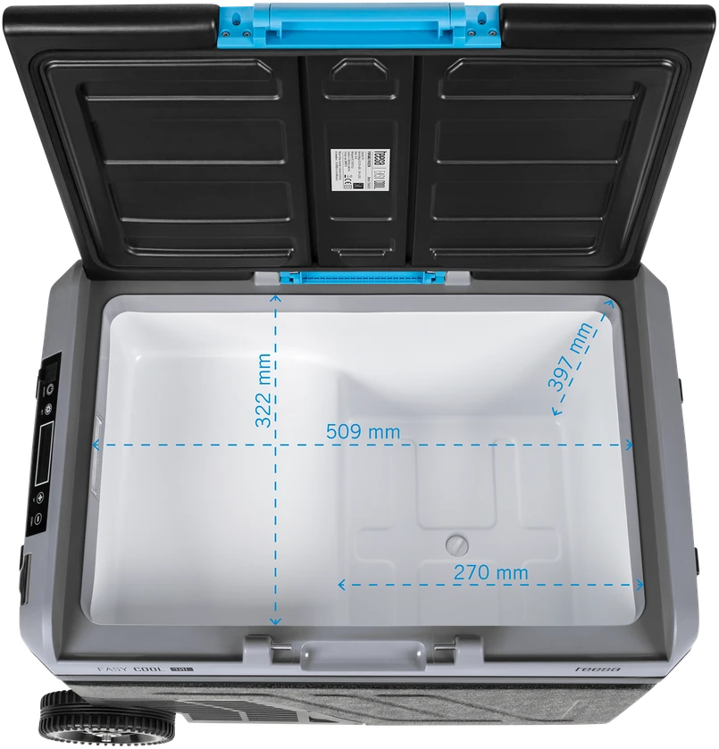 Profesionalus TEESA kompresorinis kelioninis šaldytuvas su šaldymo funkcija, 50 l DC12/24 AC 230V, dideli ratukai ir tvirta rankena, Bluetooth, maitinimas baterijomis