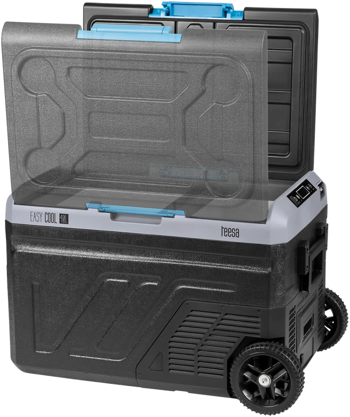 Profesionalus TEESA kompresorinis kelioninis šaldytuvas su šaldymo funkcija, 40 l DC12/24 AC 230 V, maitinimas baterijomis, dideli ratukai ir tvirta rankena, Bluetooth, du skyriai