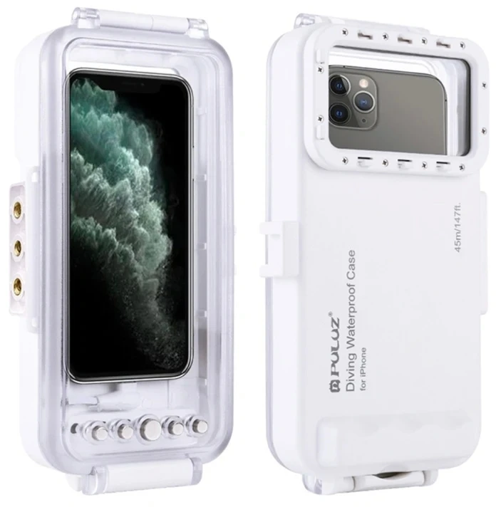 Puluz vandeniui atsparus dėklas (45 m), skirtas iPhone: povandeninėms nuotraukoms ir vaizdo įrašams (baltas)