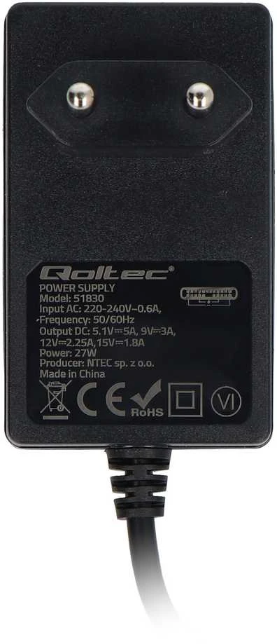 Qoltec Įkroviklis Super FAST PD do Raspberry PI 5 | USB-C | 27W | 5.1V | 5A | Juoda