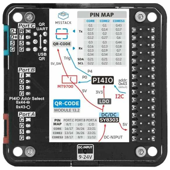 M5Stack QR skaitytuvo modulio techninė schema