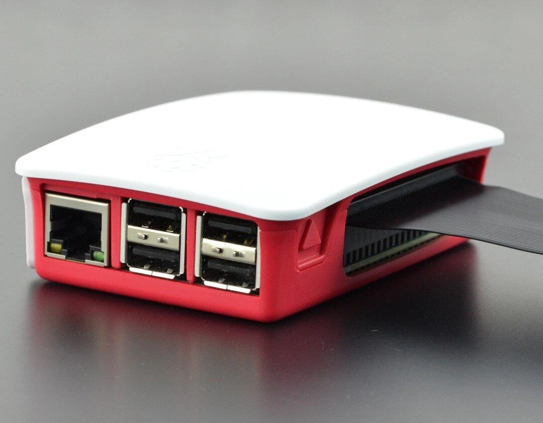 Raspberry Pi 3B raudoname dėkle su kabeliu
