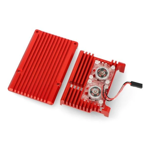 Raudonas Raspberry Pi 4B aušinimo korpusas išardytas