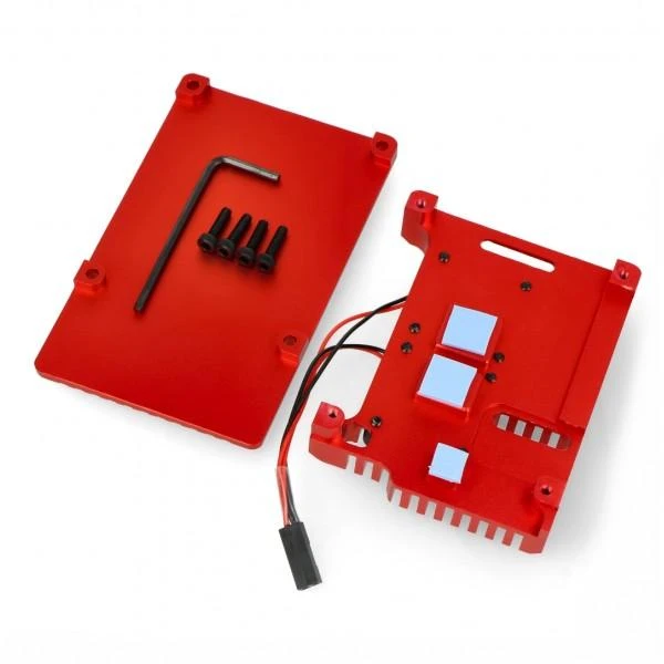 Justpi Oem Raspberry Pi 4B aliumininis radiatorius su dviem ventiliatoriais - dėžutė raudonos spalvos