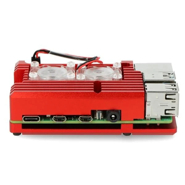 Raudonas Raspberry Pi 4B aušinamas korpusas su dvigubu ventiliatoriumi