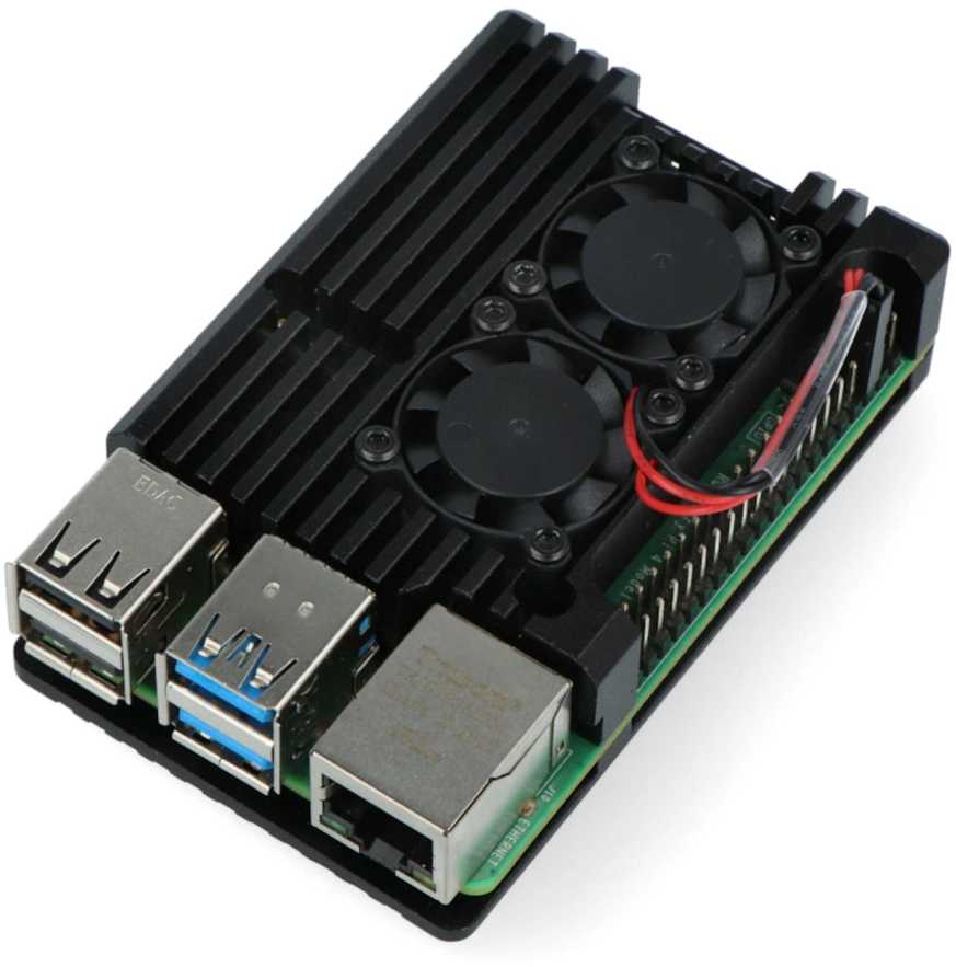 Raspberry Pi 4B WiFi 2GB RAM rinkinys su priedais - korpusas su dviem ventiliatoriais