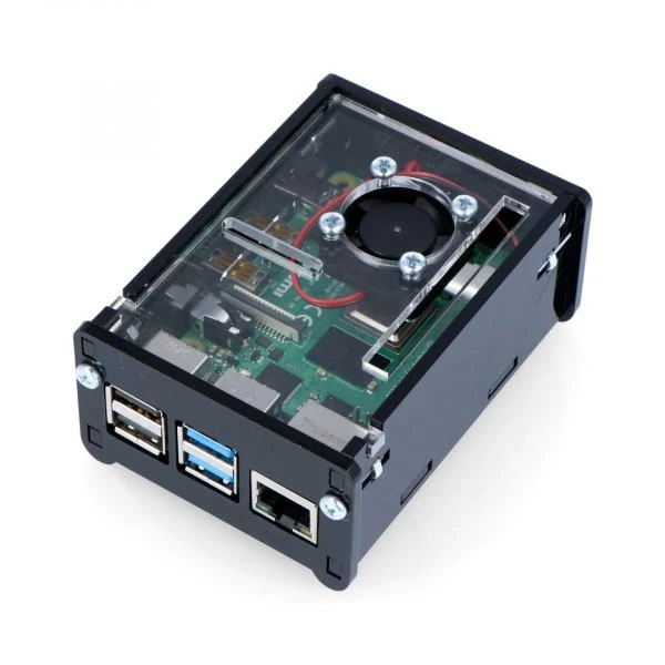 Raspberry Pi 4B komplektas juodame korpuse su aušinimo ventiliatoriumi