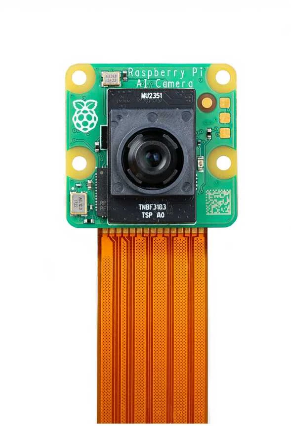 Raspberry Pi AI Camera modulis su lanksčiu kabeliu