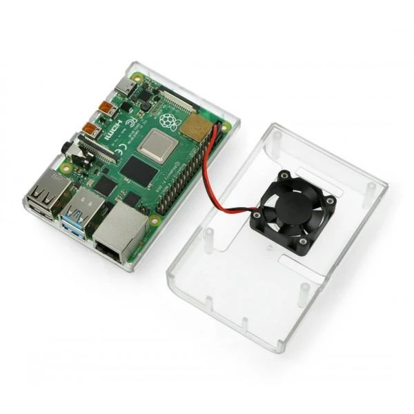 Skaidrus dėklas Raspberry Pi 4B su atviru dangteliu ir ventiliatoriumi