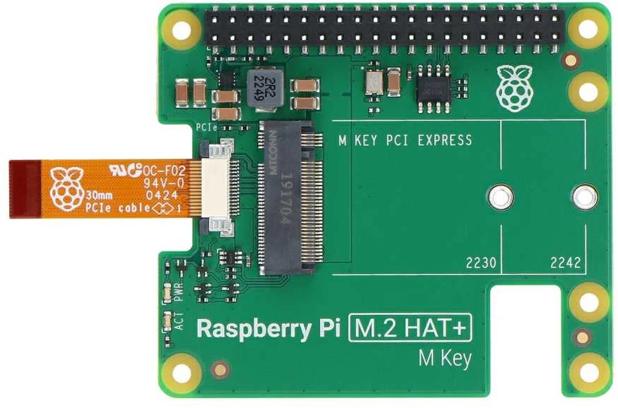 Raspberry Pi M.2 HAT+ plokštė su PCIe kabeliu