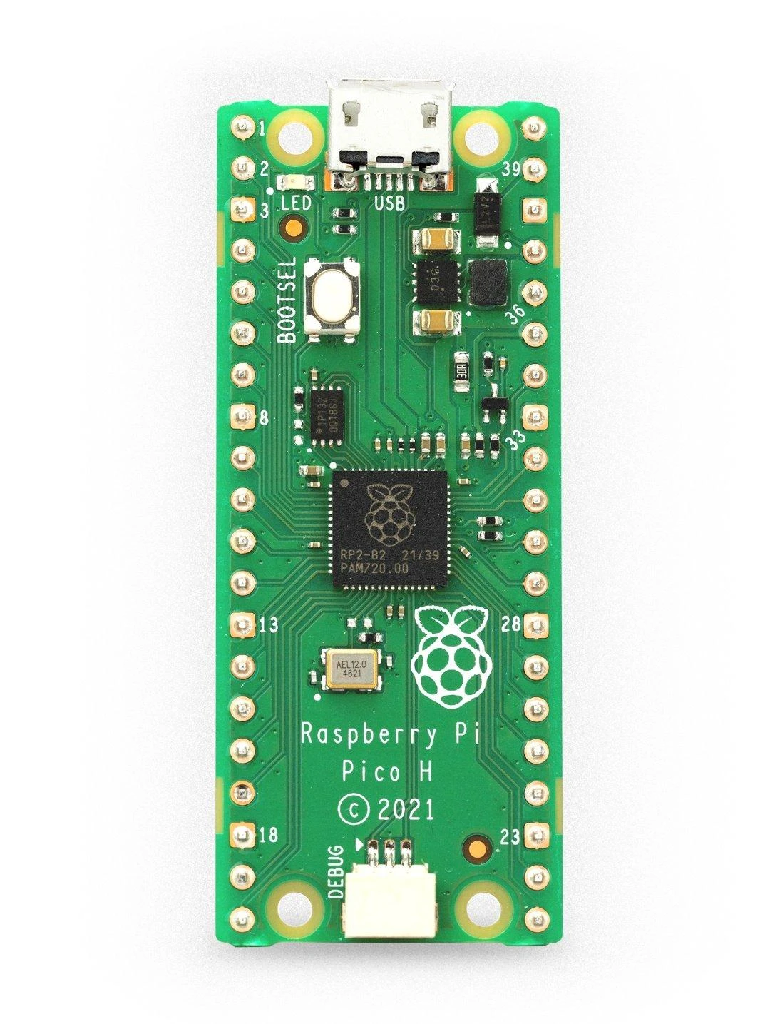 Raspberry Pi Pico H mikrovaldiklis su lituotais kaiščiais