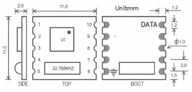RDA5807M imtuvo modulio matmenų brėžinys