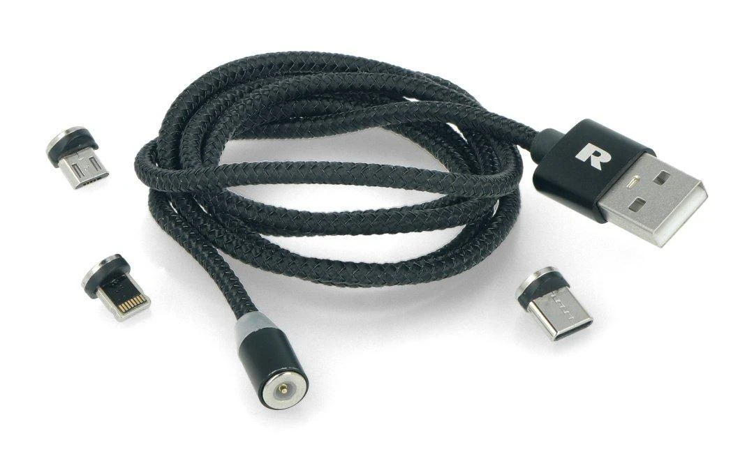 Rebel Magnetinis USB kabelis 3in1 microUSB USB C Lightning 1m Juodas