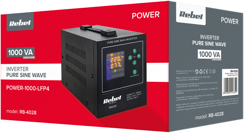 Rebel POWER-1000-LFP4 avarinis maitinimo šaltinis – keitiklis su gryna sinusine banga ir įkrovimo funkcija 12V 230V 1000VA 700W