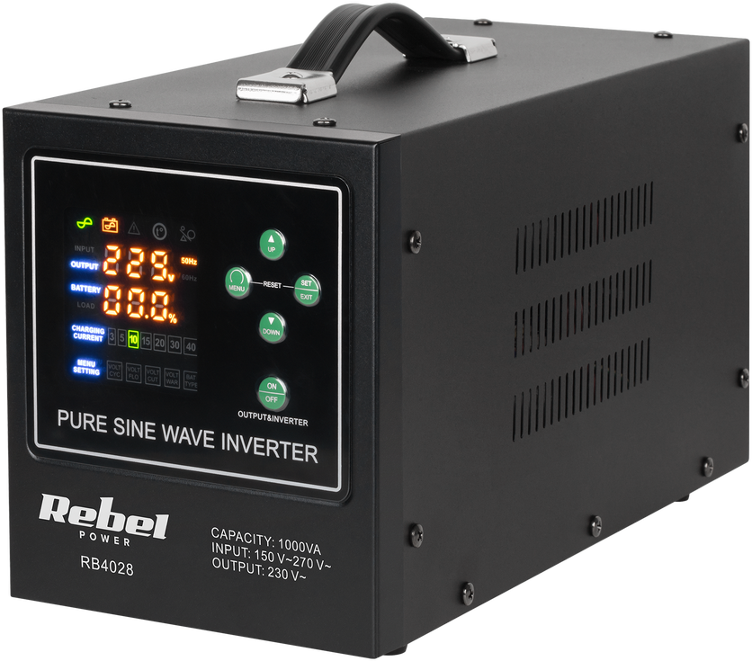 Rebel POWER-1000-LFP4 avarinis maitinimo šaltinis – keitiklis su gryna sinusine banga ir įkrovimo funkcija 12V 230V 1000VA 700W