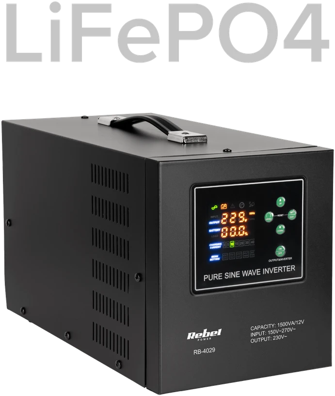 Rebel POWER-1500-LFP4 nepertraukiamo maitinimo šaltinis (UPS) – grynos sinusinės bangos keitiklis su įkrovimo funkcija 12 V 230 V 1500 VA / 1050 W