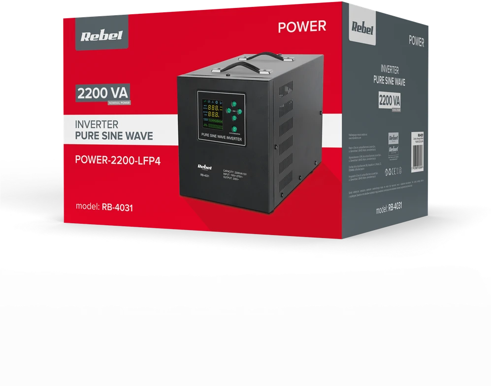 Rebel POWER-2200-LFP4 nepertraukiamo maitinimo šaltinis (UPS) – grynos sinusinės bangos keitiklis su įkrovimo funkcija 12 V 230 V 2200 VA / 1600 W