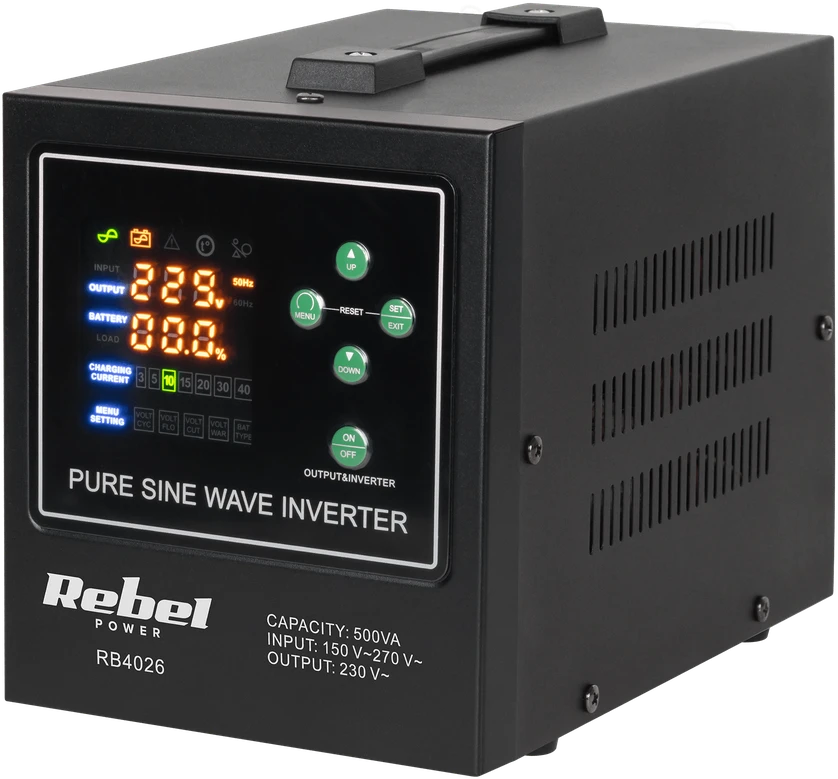 Rebel POWER-500-LFP4 avarinis maitinimo šaltinis – keitiklis su gryna sinusine banga ir įkrovimo funkcija 12V 230V 500VA 300W