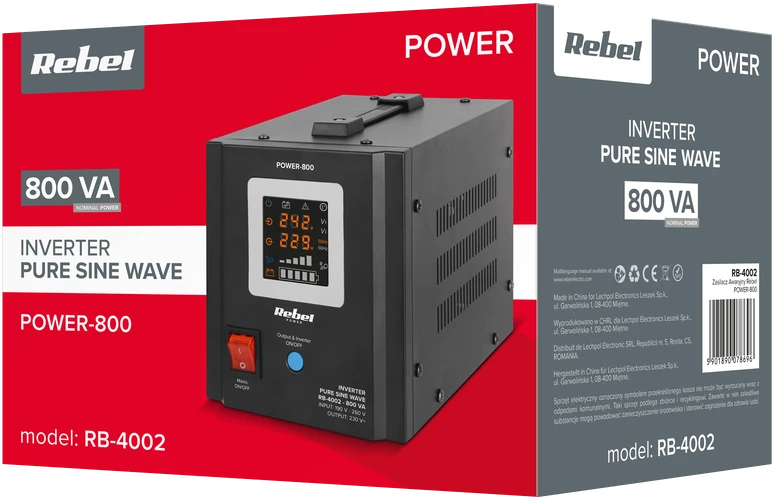 Rebel POWER-800 avarinis maitinimo šaltinis – gryno sinusoidės keitiklis su įkrovimo funkcija 12 V 230 V 800 VA / 500 W