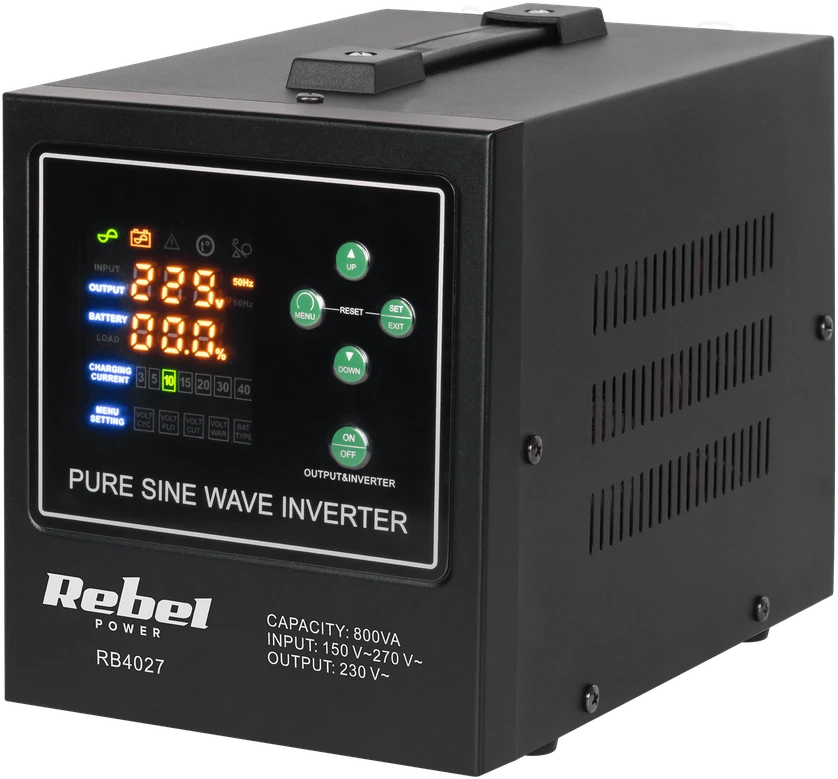 Rebel POWER-800-LFP4 avarinis maitinimo šaltinis – keitiklis su gryna sinusine banga ir įkrovimo funkcija 12V 230V 800VA 500W