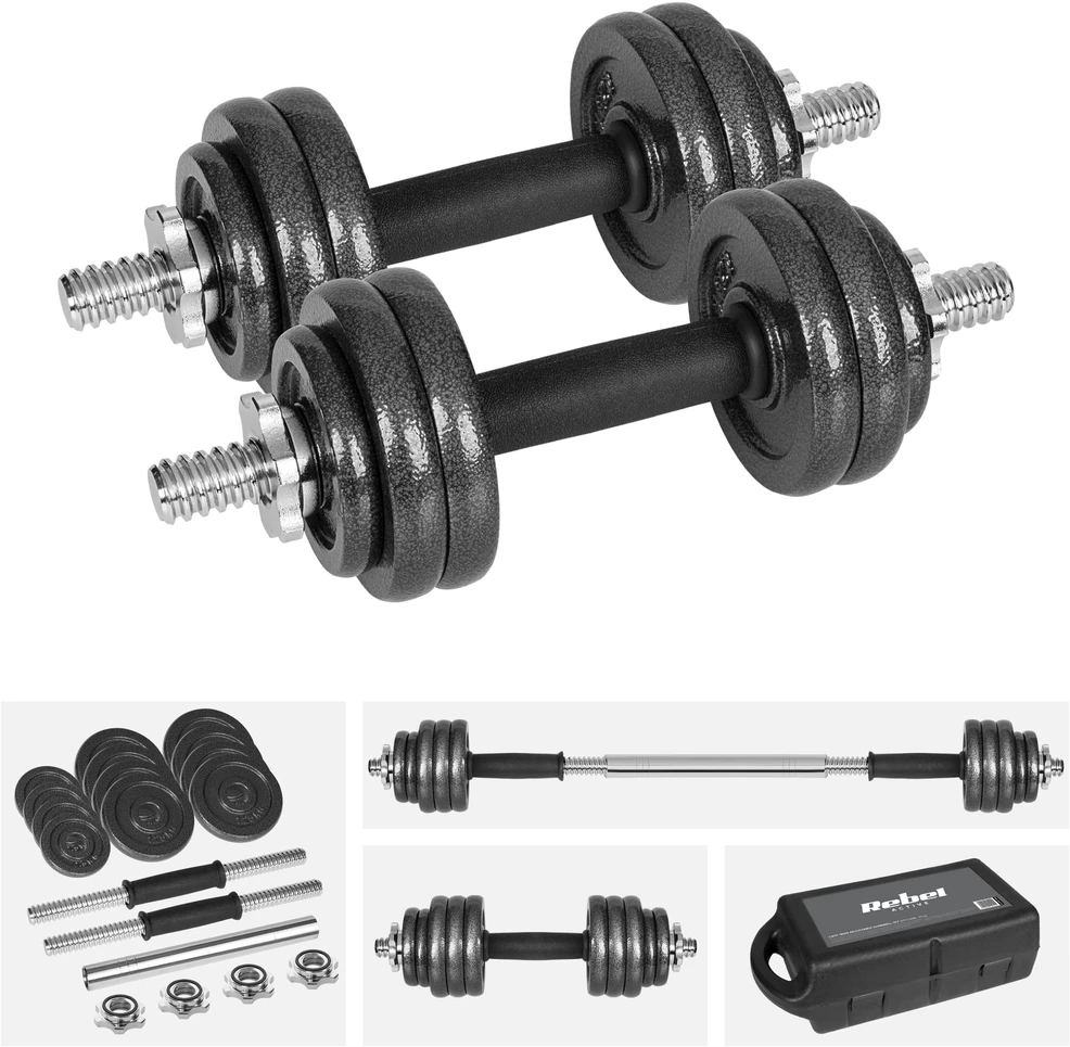 REBEL ACTIVE reguliuojamo svorio hanteliai dėkle, 15 kg, su štanga