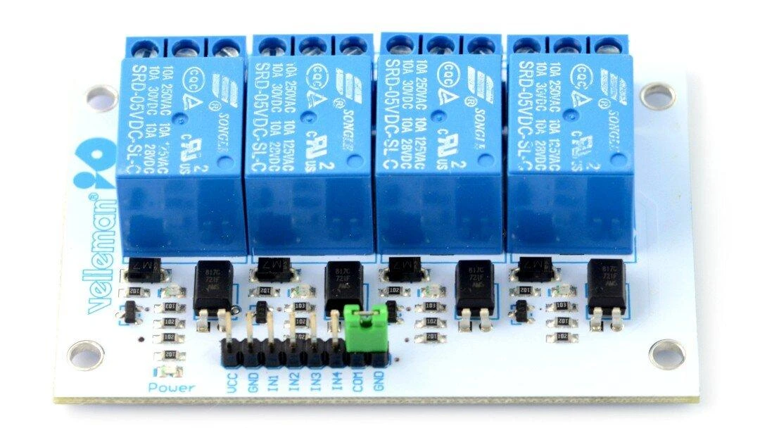 Relės modulis Velleman 4 kanalai - 10A/250VAC kontaktai - 5V ritė