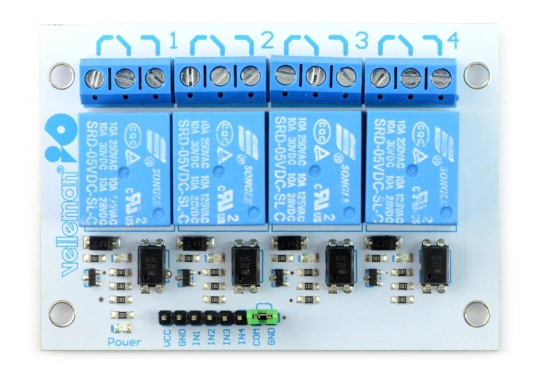 Relės modulis Velleman 4 kanalai - 10A/250VAC kontaktai - 5V ritė