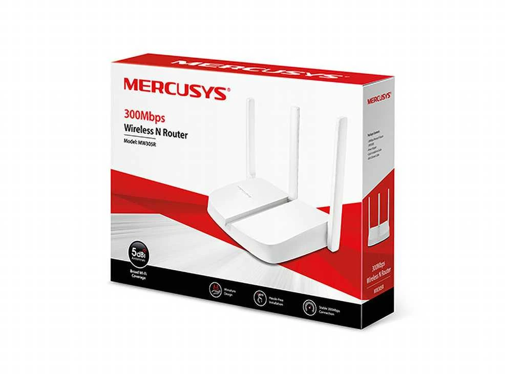 TP-Link „Mercusys“ | Belaidis N maršrutizatorius | MW305R | 802.11n | 300 Mbit/s | 10/100 Mbit/s | Ethernet LAN (RJ-45) jungtys 3 | Tinklo palaikymas: Ne | MU-MiMO: Ne | Mobilusis plačiajuostis ryšys: Ne | Antenos tipas: 3 fiksuotos | Ne
