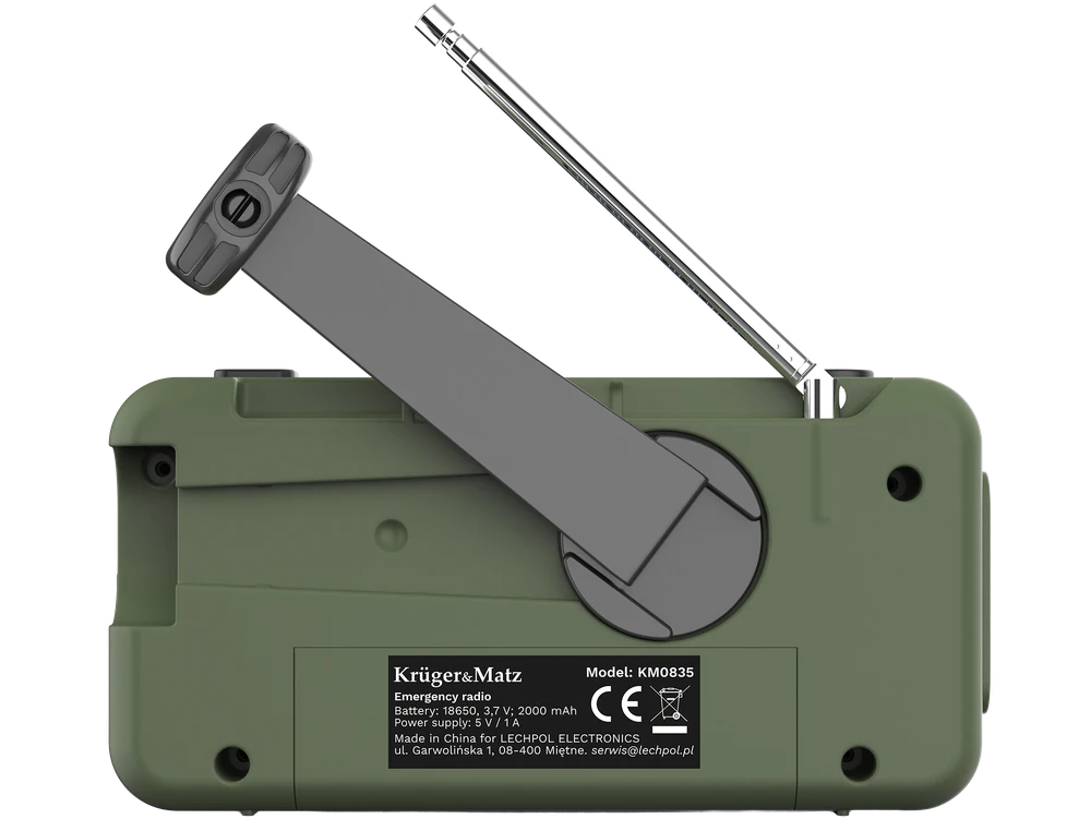 Kruger & Matz Saulės energija varomas radijas, nešiojamas SOS avarinis radijas, 2000 mAh išorinė baterija, žibintuvėlis, dinamo, KrugerMatz