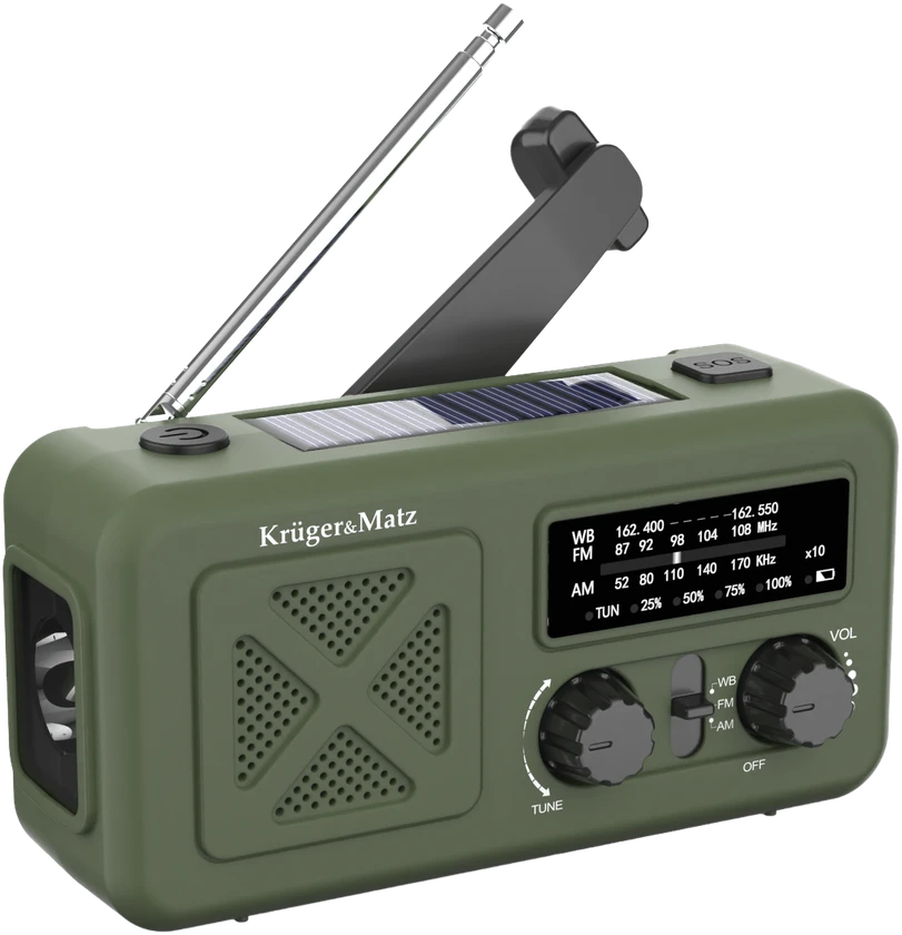 Kruger & Matz Saulės energija varomas radijas, nešiojamas SOS avarinis radijas, 2000 mAh išorinė baterija, žibintuvėlis, dinamo, KrugerMatz