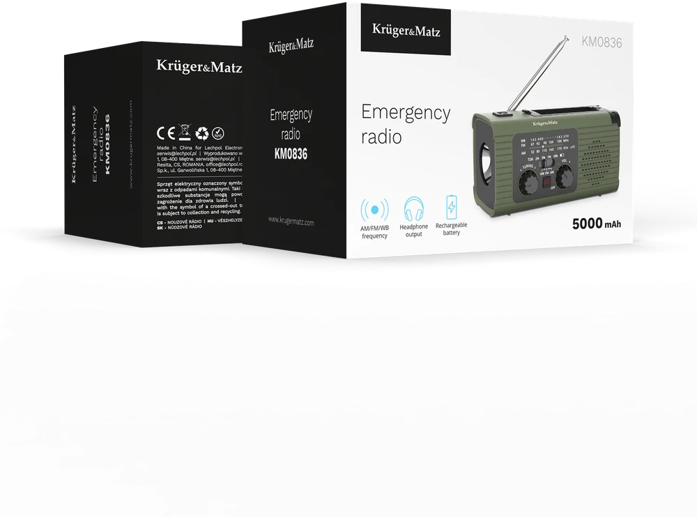 Kruger & Matz Saulės energija varomas radijas, nešiojamas SOS avarinis radijas, 5000 mAh išorinė baterija, žibintuvėlis, dinamo, KrugerMatz